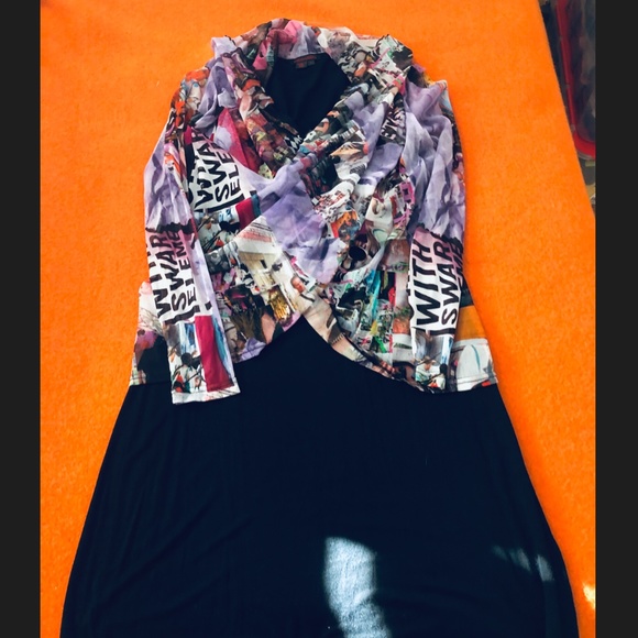 Simon Chang black and printed mesh overlay long sleeve dress EUC - Picture 11 of 16